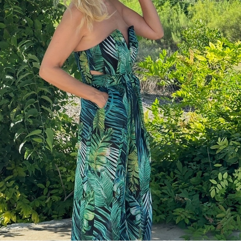 Tropical Green Strapless summer jumpsuit